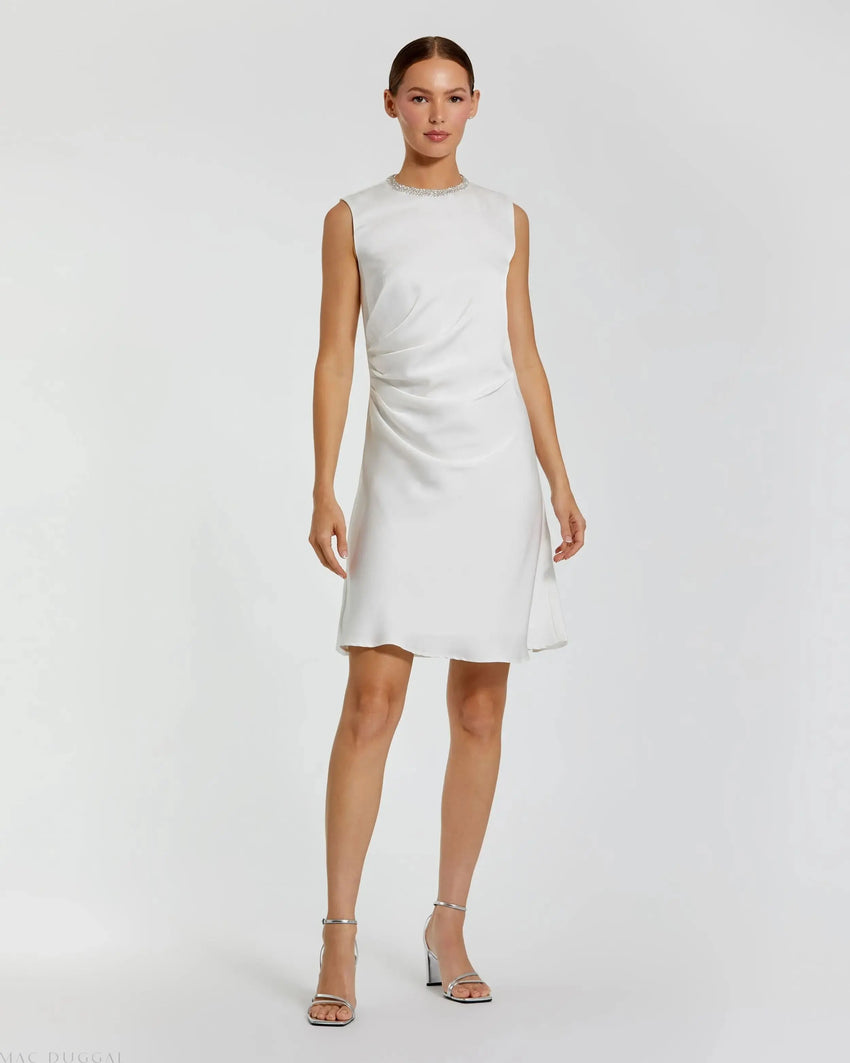 White Rhinestone Neckline Draped Mini Dress - FINAL SALE