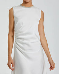 White Rhinestone Neckline Draped Mini Dress - FINAL SALE