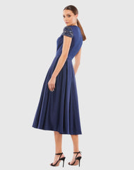 Navy High Neck Cap Sleeve Tea Length Dress