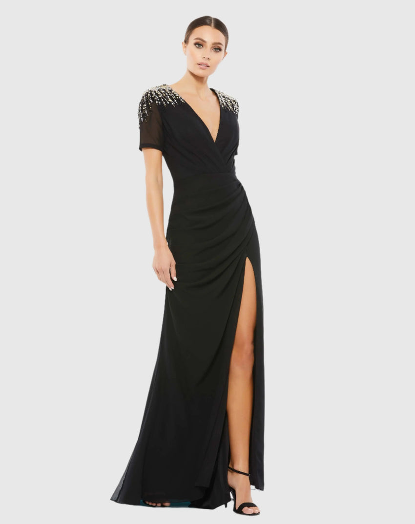 Black Embellished Shoulder Evening Gown