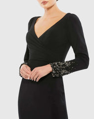 Black Beaded Cuff Long Sleeve Wrap Over Trumpet Gown
