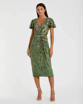 Green Embellished Faux Wrap Flutter Sleeve Dress