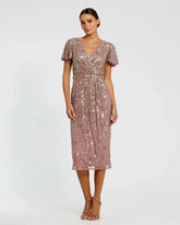 Purple Embellished Faux Wrap Flutter Sleeve Dress