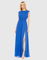 Blue Pleated Bateau Cap Sleeve A Line Gown