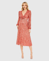 Red Sequined Puff Sleeve Wrap Over A Line Dress
