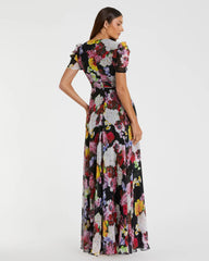Black Floral Print Mesh Short Sleeve Gown