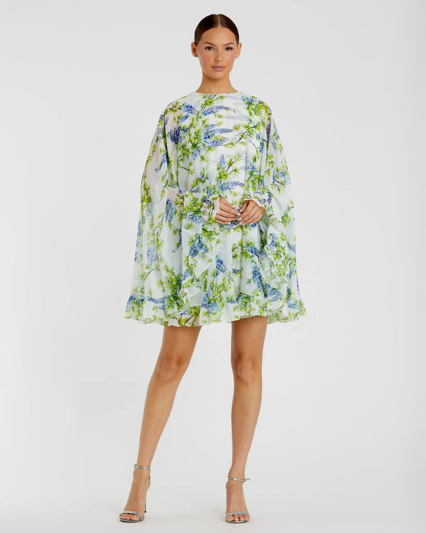 Multicolor Floral Print High Neck Ruffle Hem Cape Mini Dress
