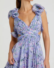 Purple Ruffle Tiered Floral Chiffon Midi Dress
