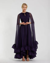 Purple Chiffon Cape Sleeve Ankle-Length Dress With Keyhole