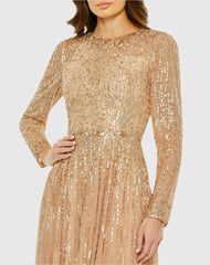 Beige Illusion High Neck Long Sleeve Embellished Gown