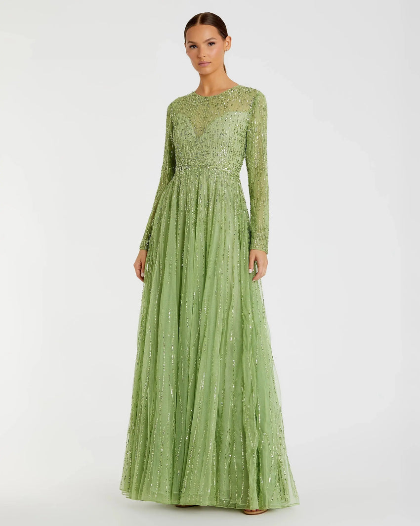Sequined Illusion High Neck Long Sleeve Gown