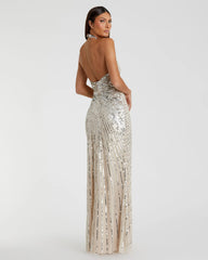 Silver Sequin Halter Keyhole Column Gown