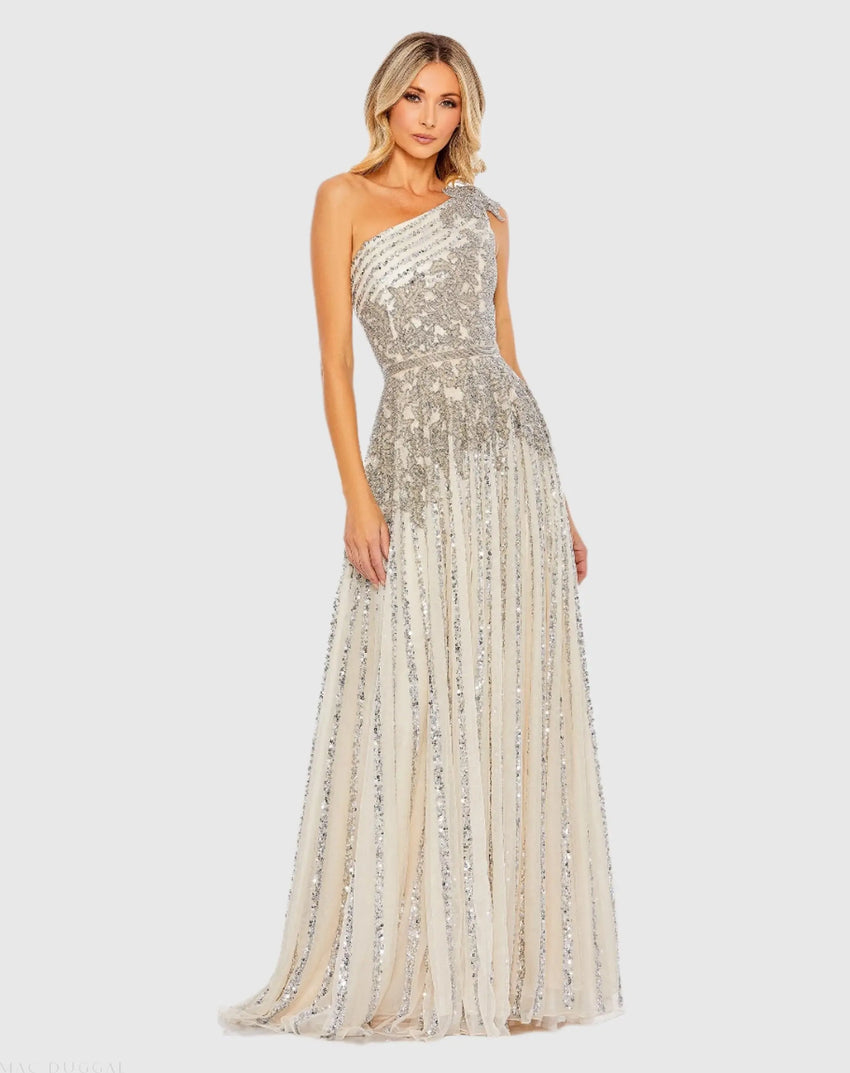 Silver Beaded Embellished One Shoulder A Line Gown