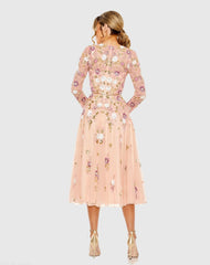 Pink Sequined Floral Long Sleeve High Neck Midi Dress