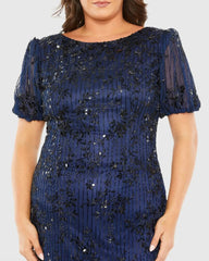 Navy High Neck Puff Sleeve Embellished Dress