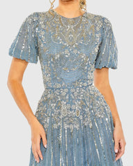 Blue High Neck Puff Sleeve Embellished A Line Gown