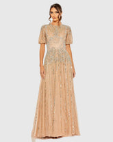 Beige High Neck Puff Sleeve Embellished A Line Gown