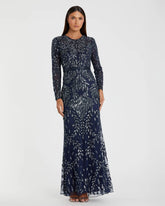 Navy Long Sleeve Illusion Neckline Embellished Gown