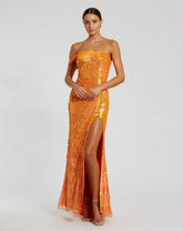 Orange One Shoulder Mesh Sequin Gown With Slit