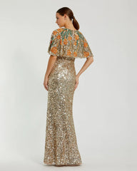 Gold Embellished Gown With Floral Beaded Shawl