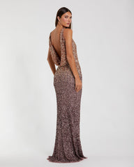 Gold Brown Ombre Sequin Cowl Back Gown