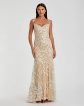 Beige Floral Embroidered Tulle Trumpet Gown - FINAL SALE