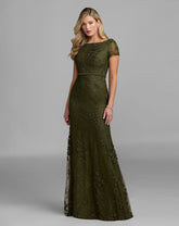 Olive Floral Applique Boat Neck Cap Sleeve Gown