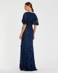 Navy Flutter Sleeve Embellished Lace Gown
