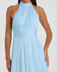 Blue High Neck Tiered Chiffon Halter Gown