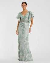 Green Bell Sleeve Floral Embellished Gown