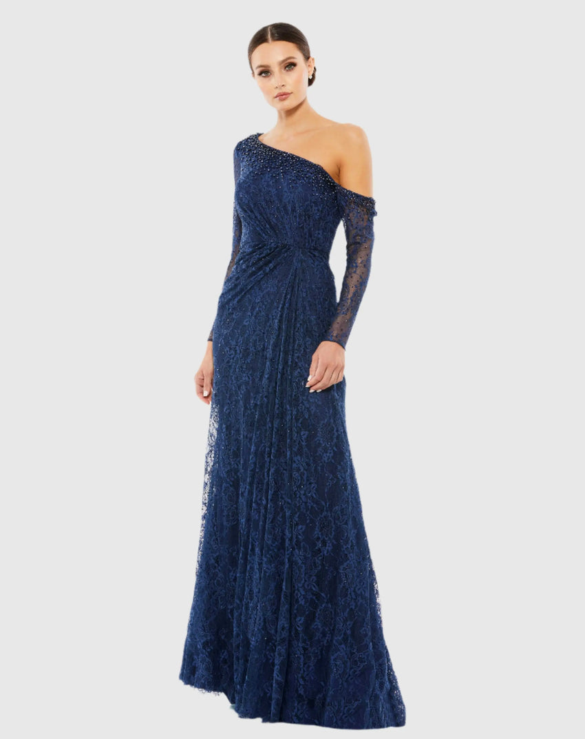 Navy Draped Jewel Encrusted Lace Drop Shoulder Gown