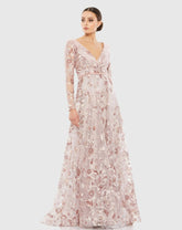 Pink Embellished V Neck Illusion Long Sleeve A Line Gown