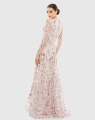 Pink Embellished V Neck Illusion Long Sleeve A Line Gown