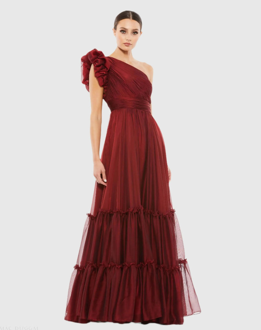 Organza One Shoulder Pleated Gown