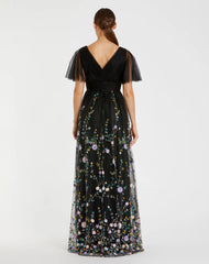 Black Embroidered Butterfly Sleeve Empire Waist Dress