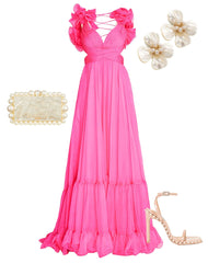 Dark Pink Ruffle Tiered Cut-Out Chiffon Gown