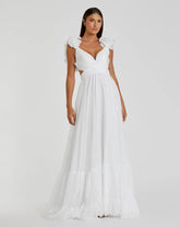 White Ruffle Tiered Cut-Out Chiffon Gown