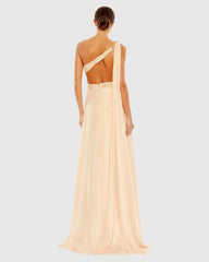 Beige One Shoulder Open Back Flowy Gown