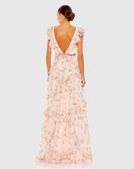 Pink Multicolor Ruffled Floral Print Cap Sleeve Gown