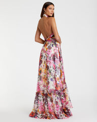Multicolor Asymmetrical Ruffled Halter Floral Gown