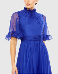 Blue Ruffled Mock Neck Flutter Sleeve High Low Hem Gown