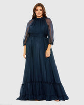 Navy High Neck Puff Sleeve Tiered A Line Gown (Plus)