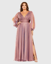 Pink Puff Sleeve w/ Embellished Cuff V Neck A Line Gown (Plus)