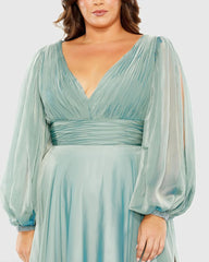 Blue Puff Sleeve w/ Embellished Cuff V Neck A Line Gown (Plus)