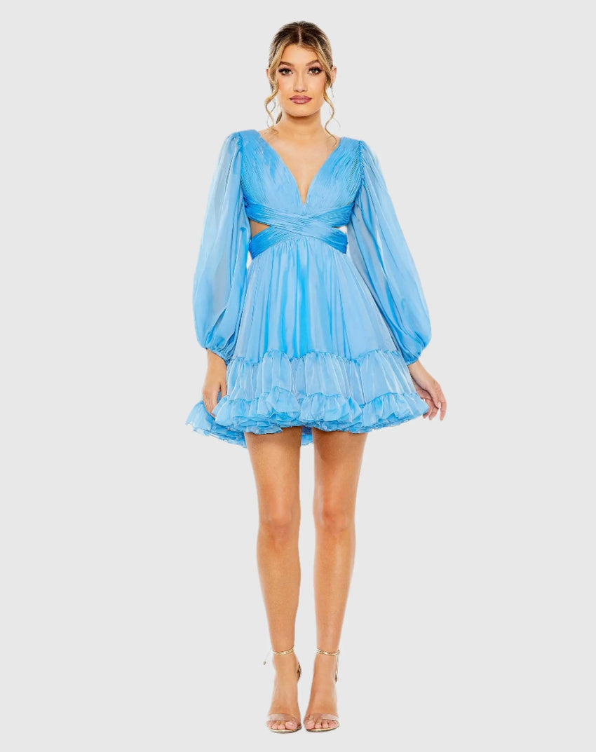 Blue Chiffon Cut Out Long Sleeve Mini Dress