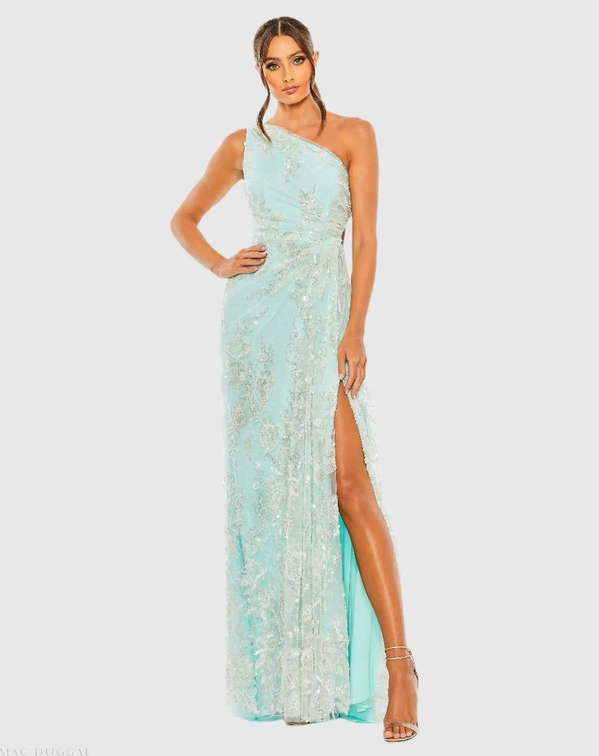 Blue One Shoulder Side Cut Embellished Gown