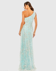 Blue One Shoulder Side Cut Embellished Gown