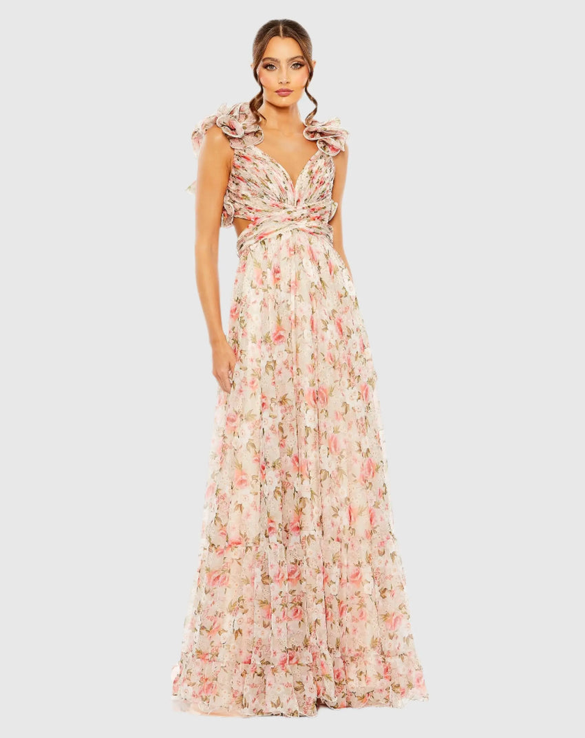 Pink Ruffle Tiered Cut-Out Chiffon Floral Gown