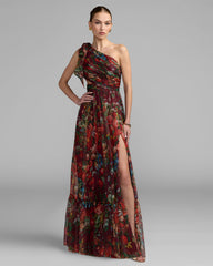 Wine Multi One Shoulder Floral Printed Chiffon Side Cut Out Gown