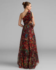 Wine Multi One Shoulder Floral Printed Chiffon Side Cut Out Gown